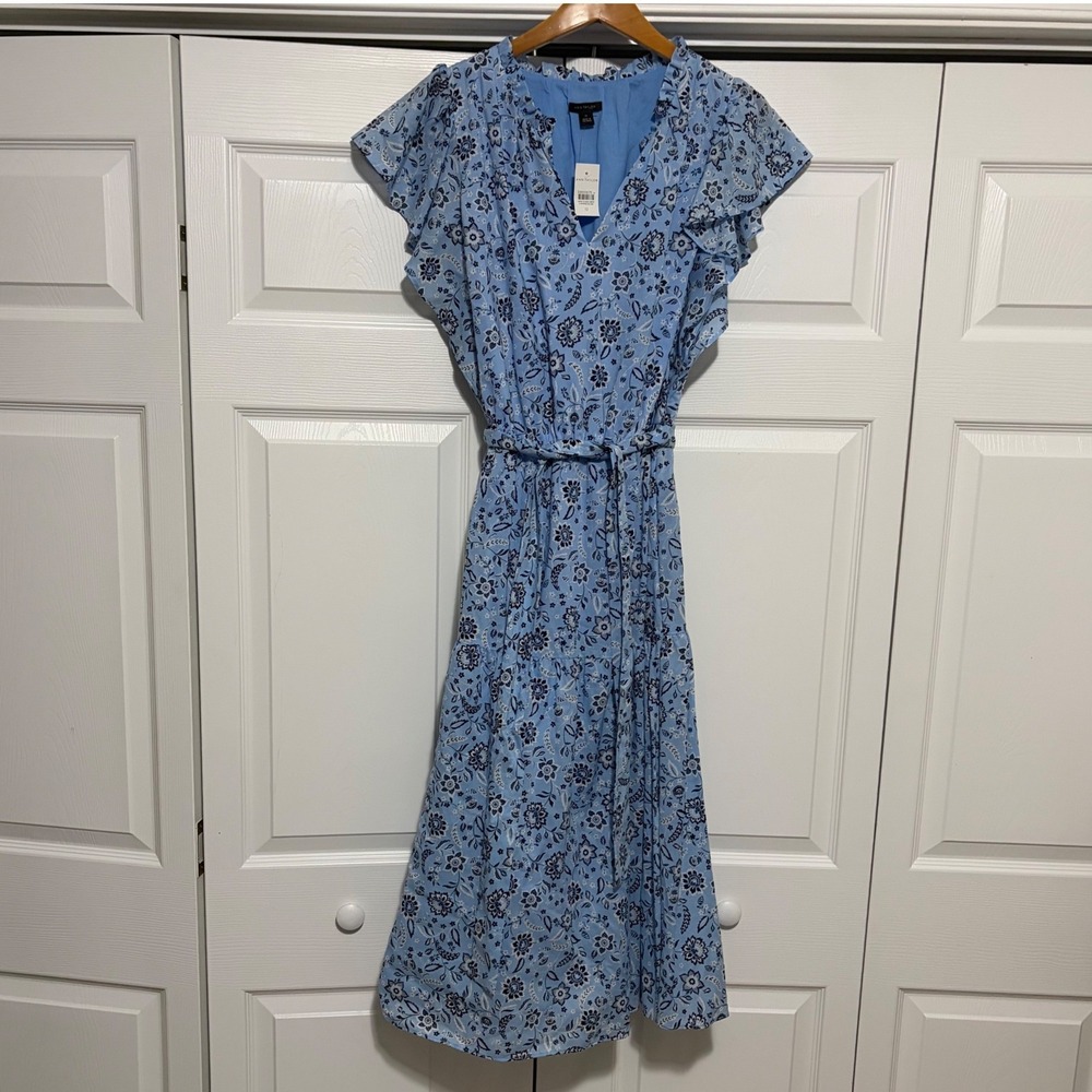 NWT Ann Taylor Floral Midi Dress Womens 12 Blue Cottagecore Feminine Coast
